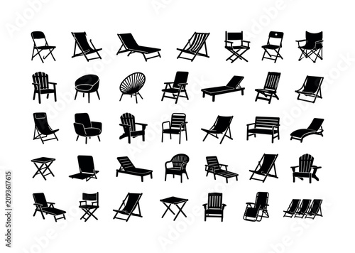 Folding Beach Chair Icons. Solid glyph icon set of folding deck chairs and vacation seating styles: folding chair, deck chair, beach lounger, canvas chair, director chair, portable chair, camping