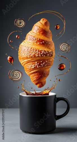 A crisp golden croissant levitates over a dark ceramic mug while dynamic coffee droplets and swirls orbit in a gravity-defying display, mocha, magic, pastry