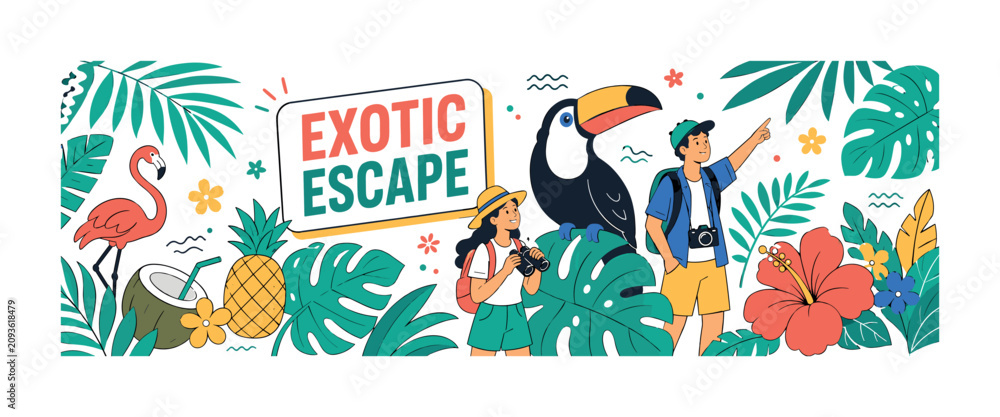 Fototapeta premium Exotic Paradise banner, clean editorial composition with one wide exotic island garden scene, 2 geometric explorers beside an oversized toucan and oversized monstera leaf, palm leaves, hibiscus,