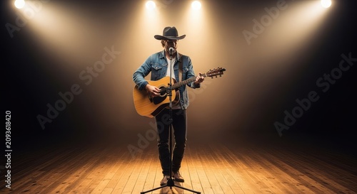 A musical artist in a western hat playing an acoustic guitar on a wooden stage illuminated by bright theater spotlights during a live show, song, beams, culture