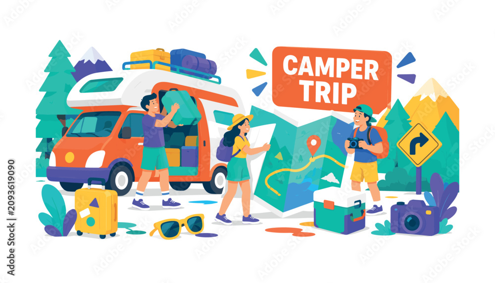 Fototapeta premium Camper Vacation wide panoramic website header banner with 3 expressive stylized travelers loading oversized campervan and giant folded travel map stretching edge to edge, with suitcase, camera, picnic