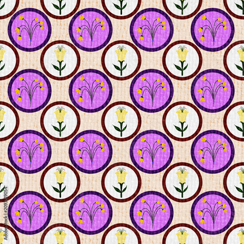 Retro seamless pattern with purple circular flower medallions on beige background