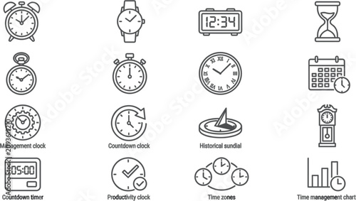 Time management and productivity line icon set featuring alarm clock wristwatch digital timer hourglass stopwatch sundial grandfather clock calendar and time zones symbols