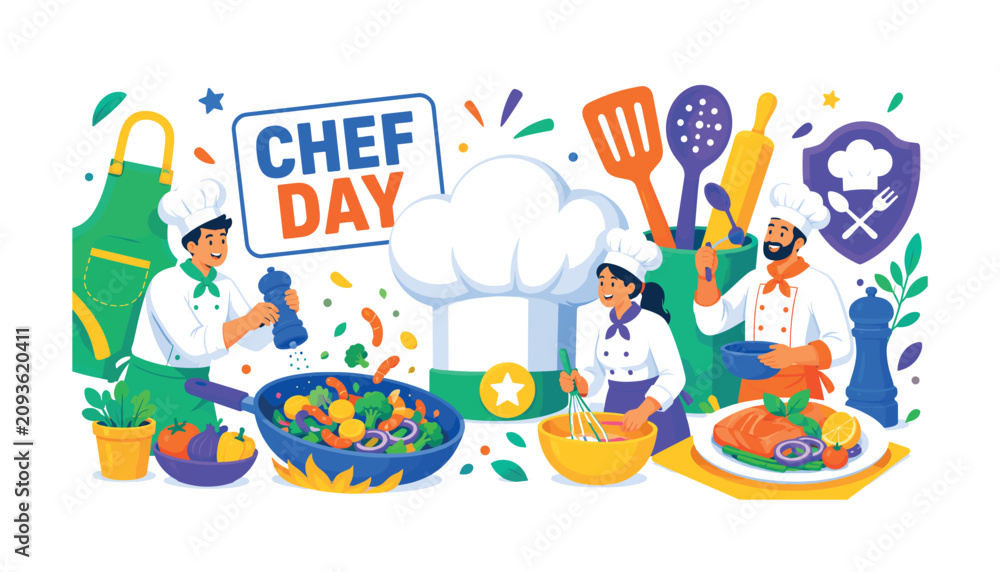 Fototapeta premium Culinarians Cooking Day banner scene with three expressive stylized human chefs preparing food around an oversized chef hat and giant cooking utensil set, apron reaching side edge, skillet touching