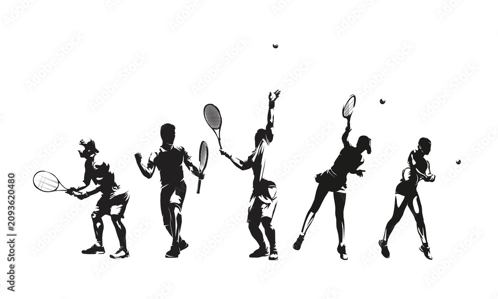 Obraz premium Tennis players in action, isolated vector illustration of male and female athletes performing different strokes, serves and playing poses. Black sports silhouettes. Group of men and women