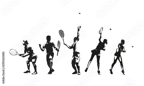 Schilderij op canvas Tennis players in action, isolated vector illustration of male and female athletes performing different strokes, serves and playing poses
