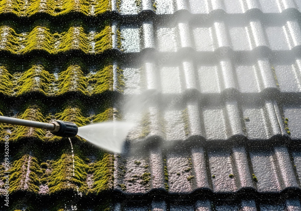 Obraz premium Powerful water jet from a pressure washer removes thick green moss from roof tiles, creating mist and splashing droplets in the bright air, misting, mist, roof