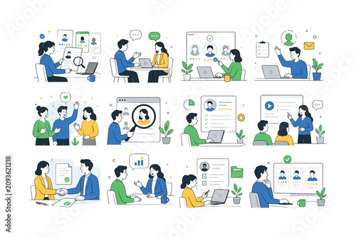 Hiring Talent Journey. Recruitment human resources interviews career hiring and employee onboarding. 12 minimalist editorial vector scenes: recruiter reviewing resume, candidate attending interview,