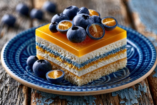 Gourmet layered cake topped with blueberries and citrus on a blue ceramic plate in a sharp macro shot for patisserie and culinary marketing