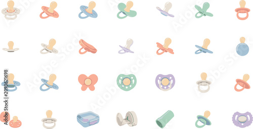 Foto Baby pacifier and newborn soother flat vector icon set featuring colorful dummy