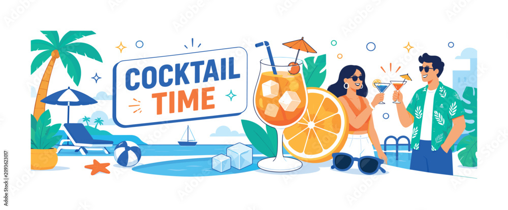 Fototapeta premium Cocktail Party banner, clean editorial composition with one wide summer refreshment party scene, 2 geometric guests toasting beside an oversized tropical drink and oversized citrus slice, pool and