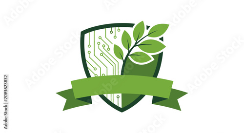 Green leafy branch on shield logo.