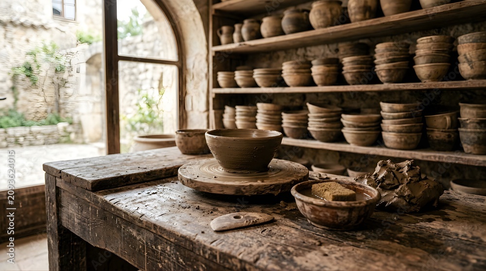 Fototapeta premium Unfinished clay bowl on a pottery wheel in a rustic ceramic workshop