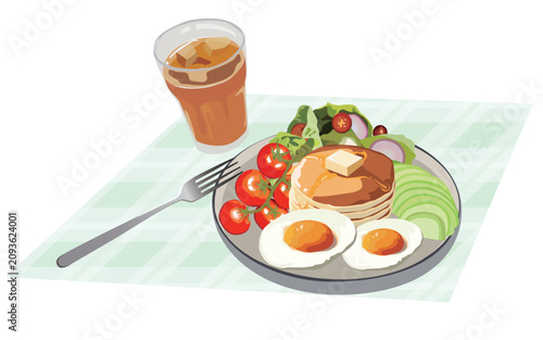 Delicious breakfast combo with pancakes, fried eggs, fresh salad, cherry tomatoes and iced tea vector illustration