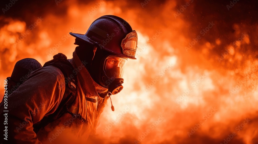 Obraz premium Brave firefighter in action battling a raging inferno with flames all around.
