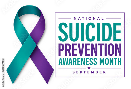 Suicide prevention awareness month symbol with purple teal ribbon and text on white background