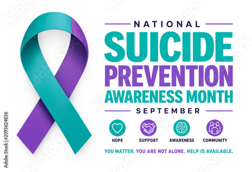 Suicide prevention awareness month with purple and teal ribbon and icons on white background