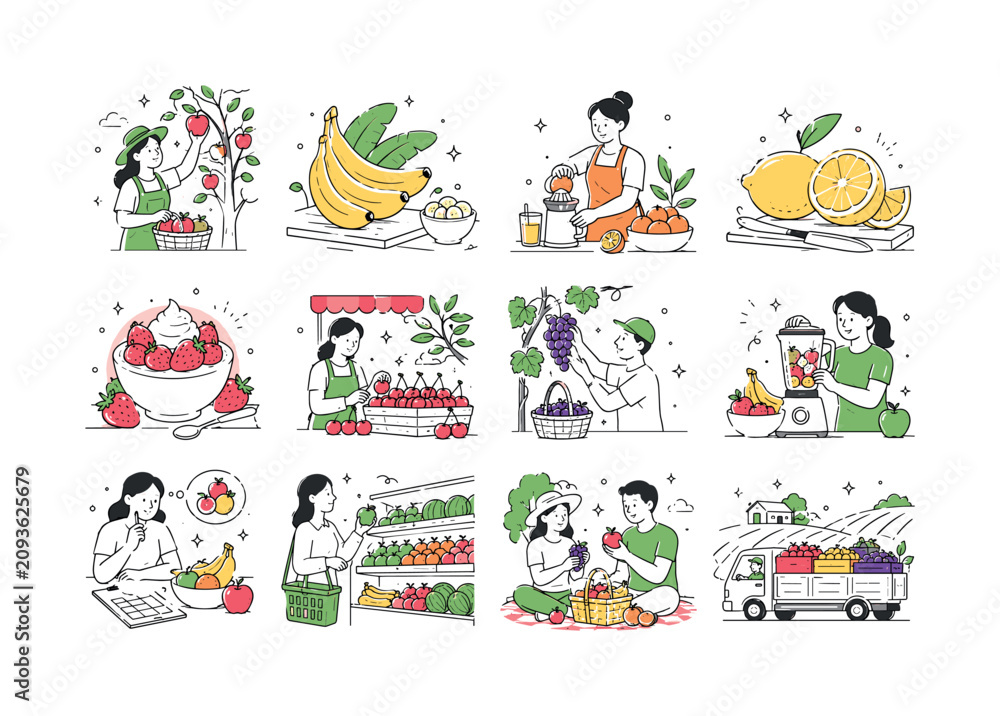 Fototapeta premium Fruits Outline Icons. Fruits Outline Icons collection of 12 minimalist editorial vector scenes: apple picking in orchard, banana bunch on table, orange juice preparation, lemon slicing close-up,