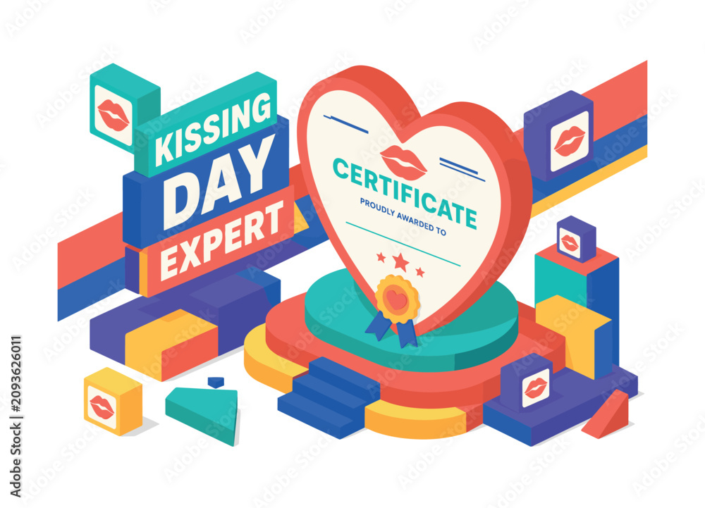 Obraz premium Kissing Day Expert , oversized heart certificate with bold geometric depth, stepped celebration platforms, floating kiss mark blocks and diagonal ribbon shapes, coral and electric blue with warm