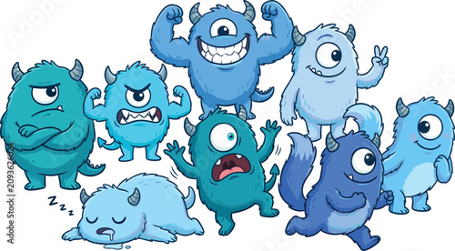 Tableau sur toile Cute blue cartoon monsters vector set with funny cyclops characters showing diff