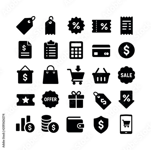 Price Cost Retail solid glyph icon set, 25 fully filled black glyph icons showing price tag, sale label, discount coupon, invoice, estimate sheet, receipt, payment card, value coin, market tag,