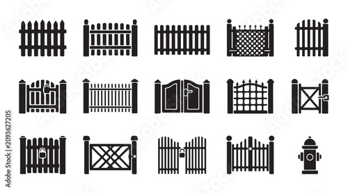 Foto Set of gate and fence icons for park or private house territory design in simple flat style