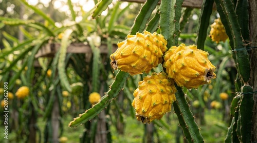 Ripe Yellow Dragon Fruit Growing on Cactus Plant in Tropical Organic Farm Orchard