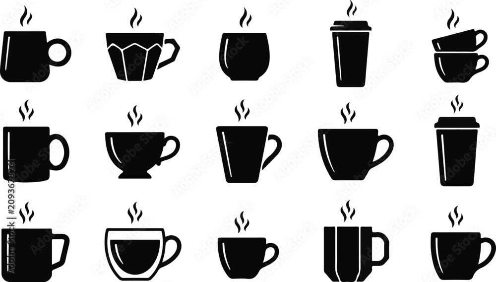 Fototapeta premium Collection of various coffee mugs and cups with steam icons
