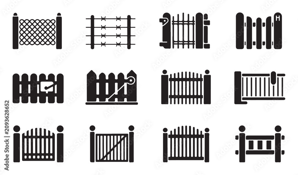 Obraz premium Industrial security fence and gate silhouette collection for property protection systems.