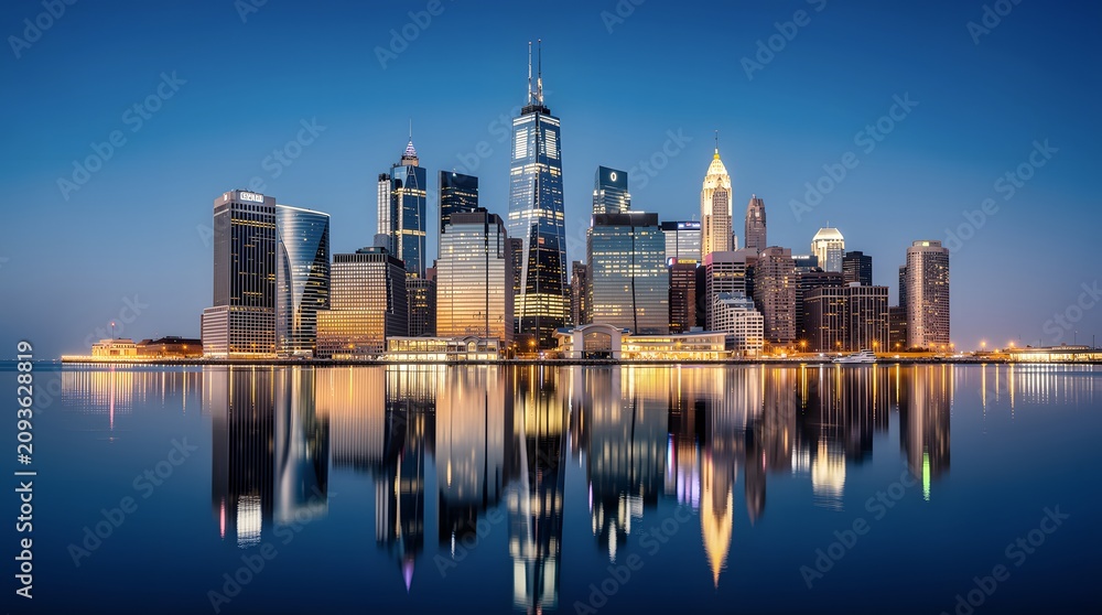 Obraz premium Panoramic view of the New York City skyline reflected in the calm water at dusk.