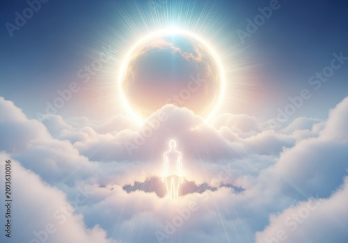 A glowing ethereal form ascends through a break in soft white clouds as rays of celestial light beam down from a radiant heavenly portal, sky, miraculous, kingdom