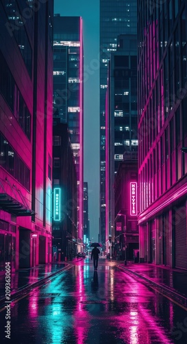 A rainy urban alleyway glows with vibrant pink and cyan neon lights reflecting off wet pavement beneath towering futuristic skyscrapers, glowing, rain, pink