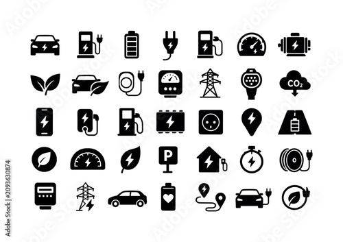 Electric Vehicle EV Charging Icons. Solid glyph icon set of electric vehicle and EV charging: electric car, EV charger, battery, plug, charging station, range gauge, electric motor, green leaf,