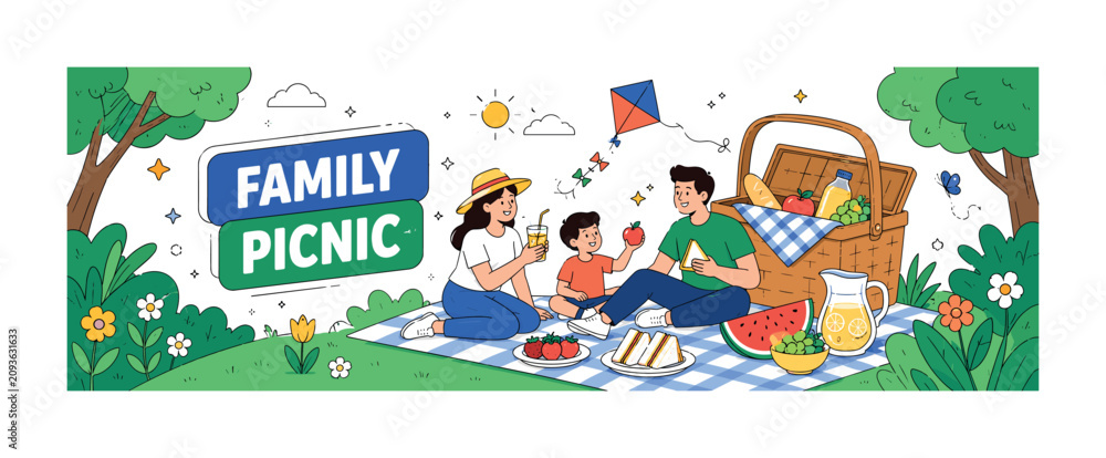 Fototapeta premium Family Picnic Banner clean editorial stock illustration of a small family picnic with 3 geometric characters gathered around food, oversized picnic basket and large blanket as main objects spanning