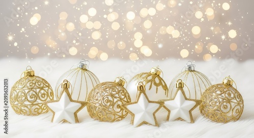 Elegant white and gold Christmas ornaments rest on soft faux fur with shimmering festive lights and sparkling glitter in the background, still life, winter, card