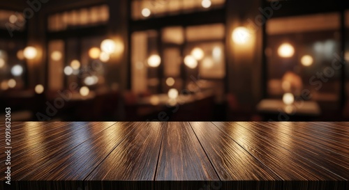 Empty dark wooden table surface ready for product placement against a blurred background of a cozy, elegant restaurant at night, rustic, indoor, luxury