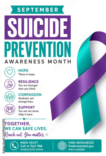 Suicide prevention awareness month poster with purple and teal ribbon and text
