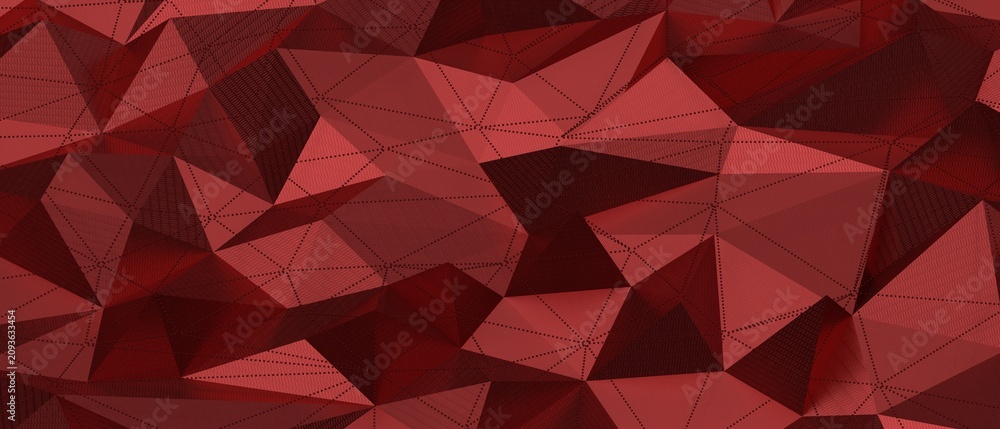 Fototapeta premium Dark red abstract low poly background with detailed wireframe mesh overlay
