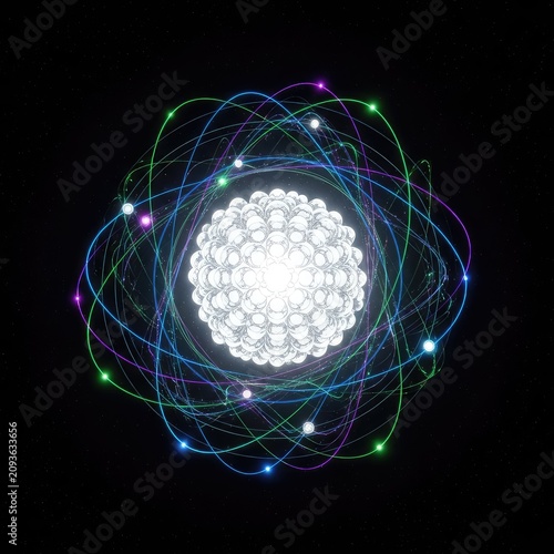 A futuristic representation of an atomic nucleus surrounded by glowing electron orbits and shimmering energy waves in a dark space background, glow, physics, abstract