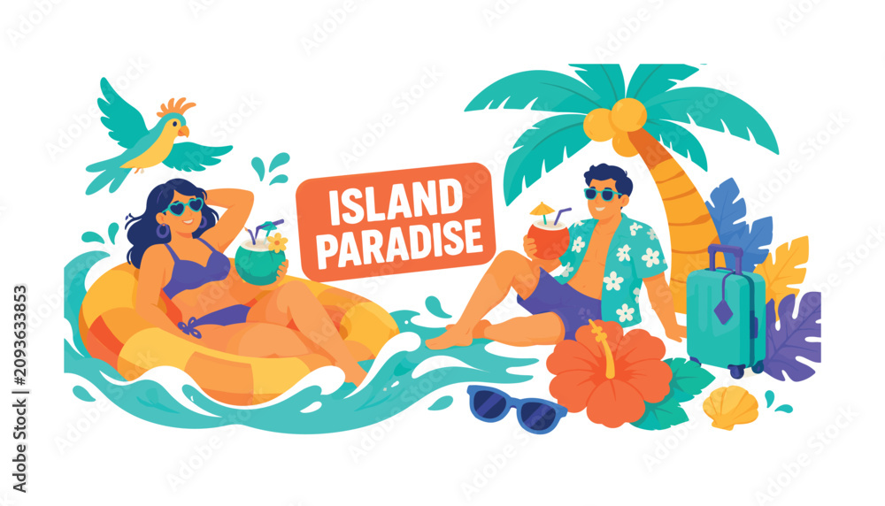 Obraz premium Island Paradise wide panoramic website header banner with 2 expressive stylized island travelers lounging beside oversized palm tree and giant lagoon float stretching across all edges, with coconut