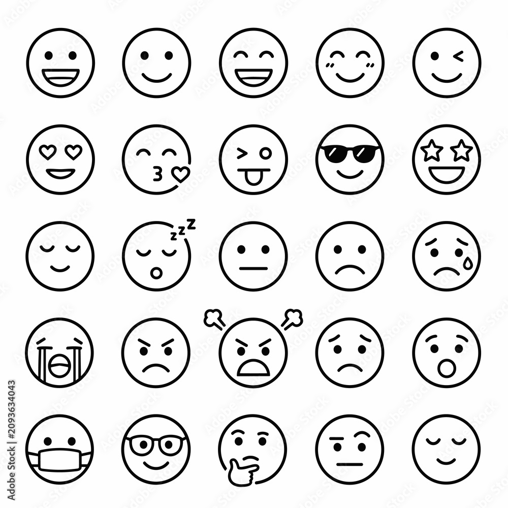 Fototapeta premium Collection of simple black and white outline emoji faces with varied expressions.