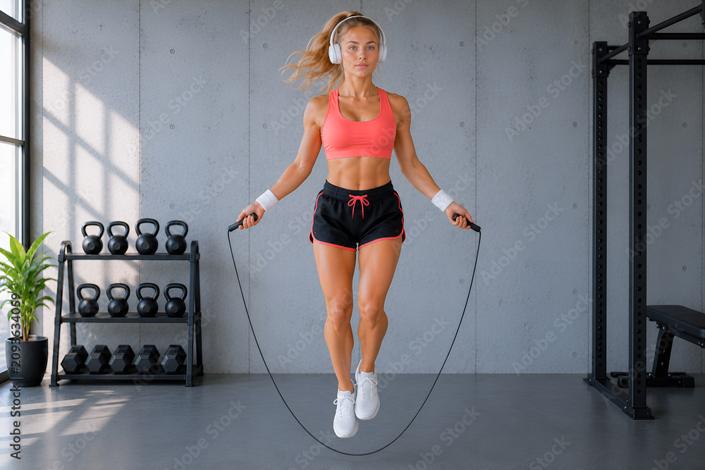 Fototapeta premium Kobieta wykonuje skoki na skakance podczas treningu cardio w nowoczesnej siłowni, rozwijając kondycję, wytrzymałość i sprawność fizyczną.