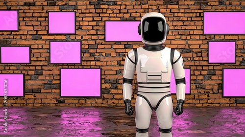 White Humanoid Robot Against Brick Wall with Pink Screens and Reflective Floor