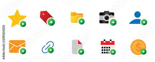 Colorful Add Icons Set – User, Camera, Folder, Email, Calendar, Tag and Payment Symbols for App and Web UI Vector