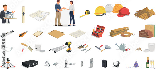 Construction and home renovation vector icon set with engineers handshake blueprints helmets tools materials toolbox ladder level paint rollers and celebration elements