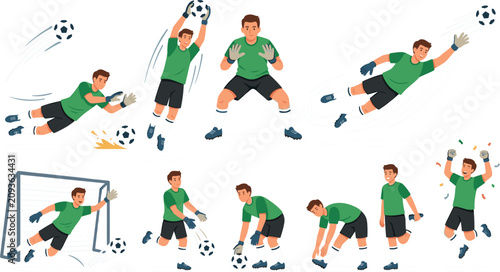 Photos Professional soccer goalkeeper character set jumping diving defending goal post