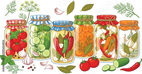 Fotografie Collection of colorful pickled vegetables in glass jars including tomatoes cucum