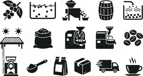 Εκτύπωση καμβά Coffee production process icons from bean to cup black and white glyphs