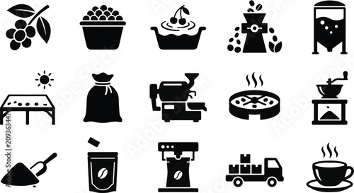 Принти на полотні Coffee production process icons from bean to cup black and white glyphs