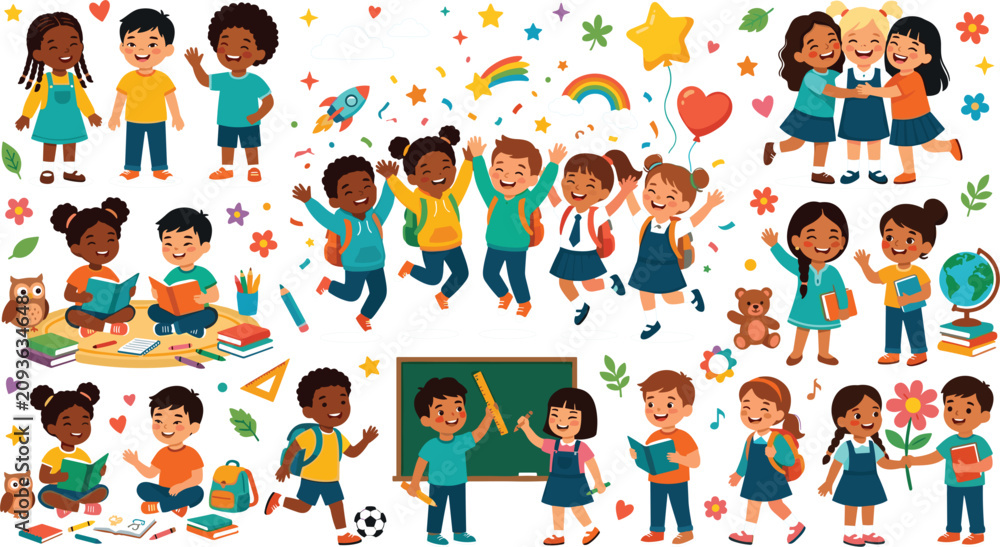 Fototapeta premium Large diverse collection of happy school children characters set reading jumping studying and playing with classroom icons isolated on white background